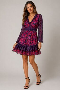 Miss Selfridge Floral Zebra Ruffle Mini Dress Women’s 6 Purple Pink NWT
